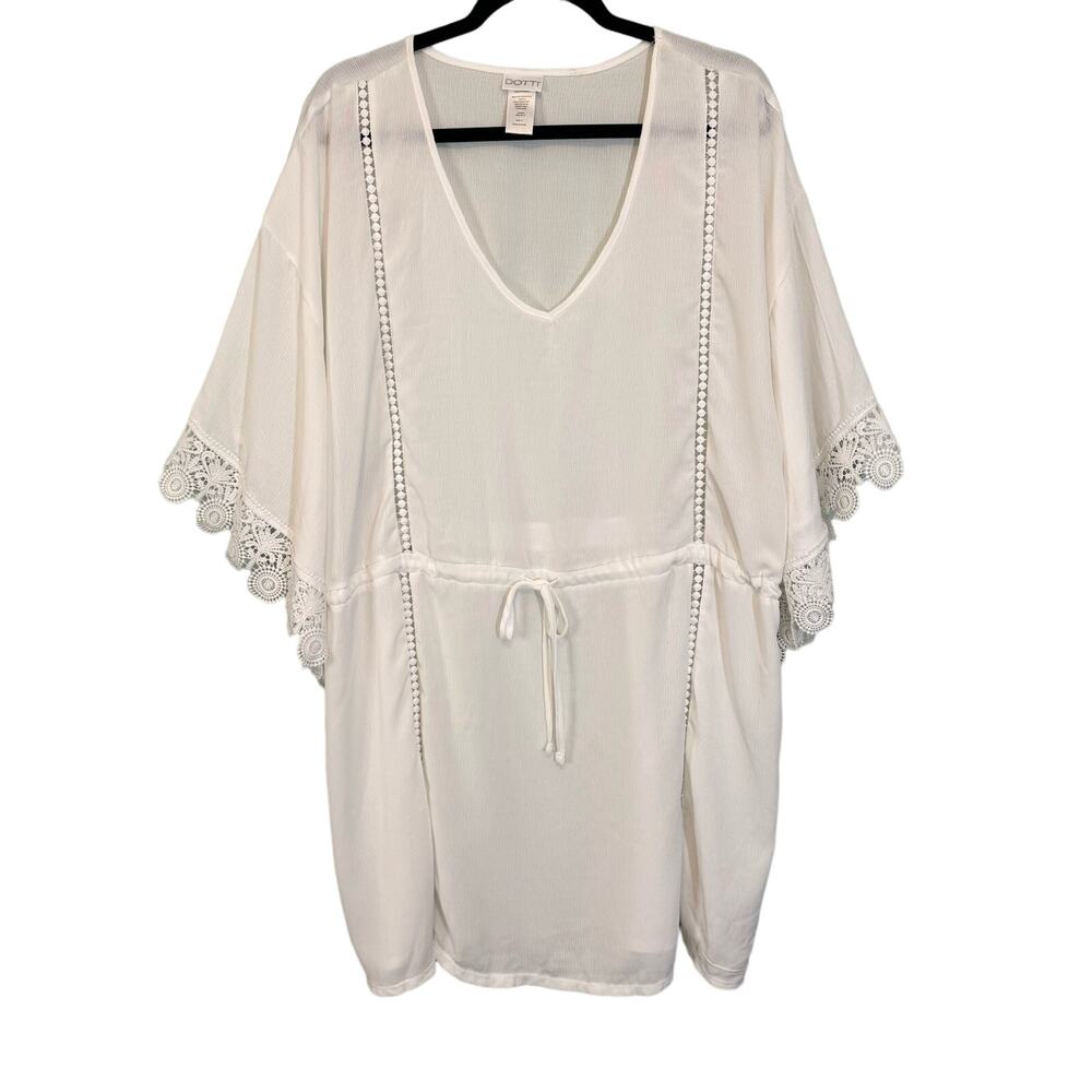 Dottie Tunic 1X Plus Resort Kimono Kaftan Lace V Neck Tie Waist Cover Up White